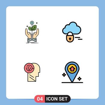 Set of 4 Modern UI Icons Symbols Signs for business games plant lock target Editable Vector Design Elements