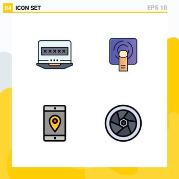 Set of 4 Vector Filledline Flat Colors on Grid for laptop mobile security finger tuch location Editable Vector Design Elements