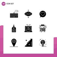 Mobile Interface Solid Glyph Set of 9 Pictograms of report data love business label Editable Vector Design Elements