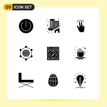 Group of 9 Solid Glyphs Signs and Symbols for browser globe real global touch Editable Vector Design Elements