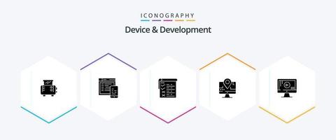 Device And Development 25 Glyph icon pack including play. computer. testing. education. map vector