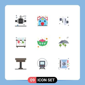 paquete de 9 signos y símbolos de colores planos modernos para medios de impresión web como los tubos de camping de carnaval de máscaras experimentan elementos de diseño de vectores editables