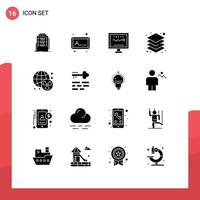 Mobile Interface Solid Glyph Set of 16 Pictograms of nuclear server cardiogram layers hospital Editable Vector Design Elements