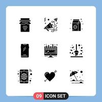 Modern Set of 9 Solid Glyphs Pictograph of iphone mobile speaker smart phone pack Editable Vector Design Elements