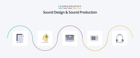 diseño de sonido y paquete de iconos de 5 planos de producción de sonido que incluye ecualización. control. productor. sonido. llaves vector