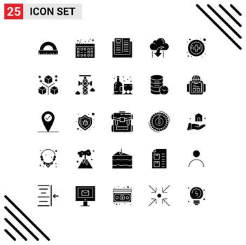 grupo de 25 glifos sólidos modernos establecidos para elementos de diseño vectorial editables de la escuela en la nube y datos vector