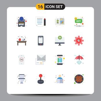 conjunto moderno de 16 colores planos y símbolos, como alerta de notificación de escritura de sonrisa de taza, paquete editable de elementos creativos de diseño de vectores