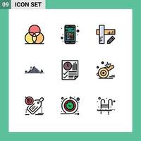 Mobile Interface Filledline Flat Color Set of 9 Pictograms of data nature interaction hill mountain Editable Vector Design Elements