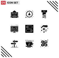 Pack of 9 Modern Solid Glyphs Signs and Symbols for Web Print Media such as switch percentage goal monitor discount Editable Vector Design Elements