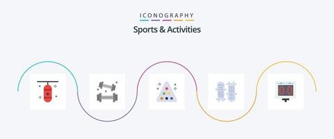 Paquete de 5 íconos planos de deportes y actividades que incluye bate de cricket. Grillo. levantamiento. deporte. estante vector