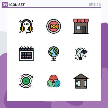 Mobile Interface Filledline Flat Color Set of 9 Pictograms of eco schedule building date shop Editable Vector Design Elements