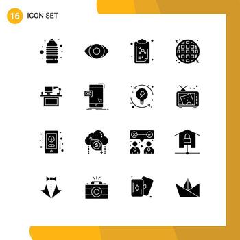 Set of 16 Vector Solid Glyphs on Grid for office desktop molecule desk fast food Editable Vector Design Elements