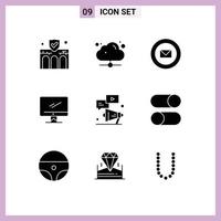 Universal Icon Symbols Group of 9 Modern Solid Glyphs of pc device online monitor stamps Editable Vector Design Elements