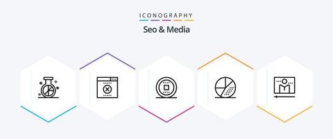 seo y paquete de iconos de 25 líneas de medios, incluida la transmisión. buscar. control. mejoramiento. motor vector