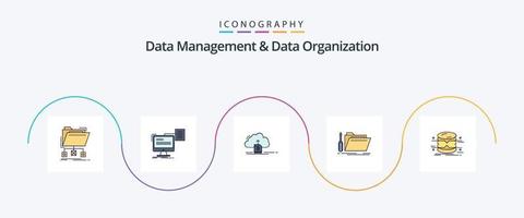 la gestión de datos y la línea de organización de datos llenaron el paquete de iconos planos 5 que incluye la reparación. carpeta. CV. informática. salvar vector