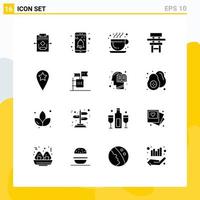 Group of 16 Solid Glyphs Signs and Symbols for location furniture cafe education class Editable Vector Design Elements