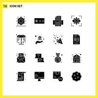 Mobile Interface Solid Glyph Set of 16 Pictograms of cash water printer shower view Editable Vector Design Elements