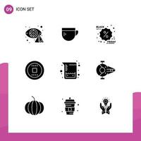 Modern Set of 9 Solid Glyphs Pictograph of flasks stop basic media promotion Editable Vector Design Elements