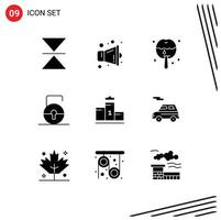 Pack of 9 creative Solid Glyphs of education first dessert pedestal protect Editable Vector Design Elements