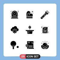 Set of 9 Vector Solid Glyphs on Grid for cloud hiking piano camping light Editable Vector Design Elements