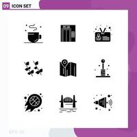 Modern Set of 9 Solid Glyphs Pictograph of pin location identification spring leaf Editable Vector Design Elements