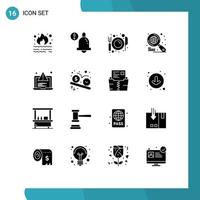 Mobile Interface Solid Glyph Set of 16 Pictograms of alert search dining internet restaurant Editable Vector Design Elements