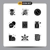 Solid Glyph Pack of 9 Universal Symbols of clean machine ban cooking conversation Editable Vector Design Elements