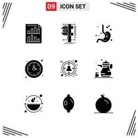 Editable Vector Line Pack of 9 Simple Solid Glyphs of watch time physics school stomach Editable Vector Design Elements