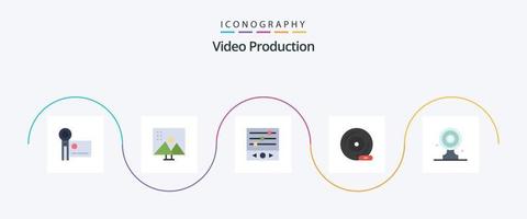 paquete de iconos planos de producción de video 5 que incluye dvd. discos compactos. edición de fotos. frecuencia de sonido vector