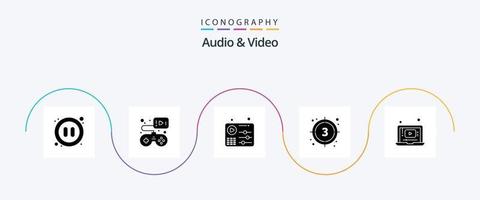 paquete de iconos de glifo 5 de audio y video que incluye computadora portátil. comienzo. audio. película. cuenta regresiva vector