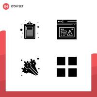 Mobile Interface Solid Glyph Set of 4 Pictograms of check alert list page food Editable Vector Design Elements