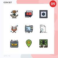 Pack of 9 Modern Filledline Flat Colors Signs and Symbols for Web Print Media such as responsive chair video camping six sides Editable Vector Design Elements