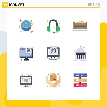 conjunto de colores planos de interfaz móvil de 9 pictogramas de elementos de diseño vectorial editables del monitor de virus alimentario de google analytics vector