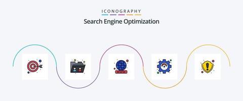 paquete de iconos de 5 planos llenos de línea seo que incluye seguridad. engranaje. dominio. ajustes. productividad vector