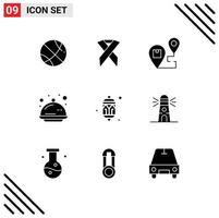 Pack of 9 Modern Solid Glyphs Signs and Symbols for Web Print Media such as celebration party destination tray cover Editable Vector Design Elements