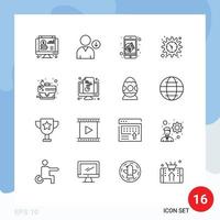 Mobile Interface Outline Set of 16 Pictograms of tactics path marketing watch setting Editable Vector Design Elements