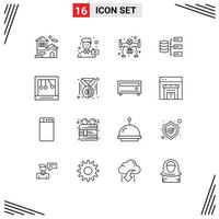 Group of 16 Outlines Signs and Symbols for cradle storage portrait base data Editable Vector Design Elements