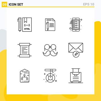 conjunto moderno de 9 contornos y símbolos, como papel de guión, lista de papel, portapapeles, elementos de diseño vectorial editables vector