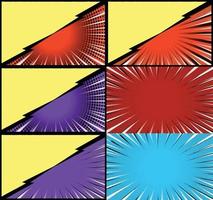 Comic book colorful frames background with halftone rays radial and dotted effects pop art style vector