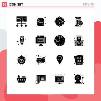 Mobile Interface Solid Glyph Set of 16 Pictograms of care smartphone cloud computing security mobile Editable Vector Design Elements