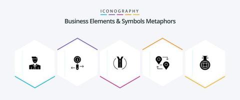 Elementos comerciales y metáforas de símbolos Paquete de iconos de 25 glifos que incluye productos químicos. puntero. buscar. mapa. localización vector