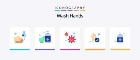 lávese las manos con un paquete de iconos planos 5 que incluye una botella. limpiado cuidado de manos proteccion. mano. diseño de iconos creativos vector