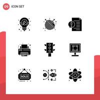 Modern Set of 9 Solid Glyphs Pictograph of lights printer communication print file Editable Vector Design Elements