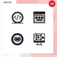 conjunto de pictogramas de 4 colores planos de línea rellena simple de código lápiz página de programación labios elementos de diseño vectorial editables vector