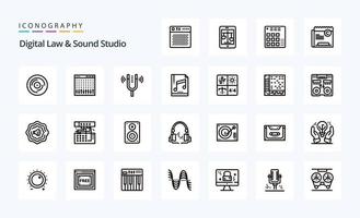 25 paquete de iconos de línea de estudio de derecho y sonido digital vector