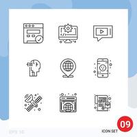 9 Universal Outline Signs Symbols of internet global live head human Editable Vector Design Elements