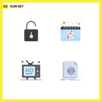 4 Universal Flat Icon Signs Symbols of lock ad security date media Editable Vector Design Elements