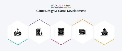 Game Design And Game Development 25 Glyph icon pack including layout. design. record. treasure. gold vector