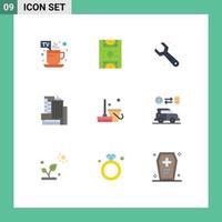 User Interface Pack of 9 Basic Flat Colors of cleaning broom adjustable office building Editable Vector Design Elements