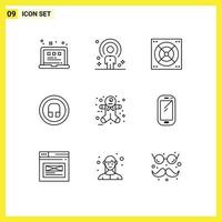 Modern Set of 9 Outlines and symbols such as gingerbread man ui recruitment basic earphone Editable Vector Design Elements